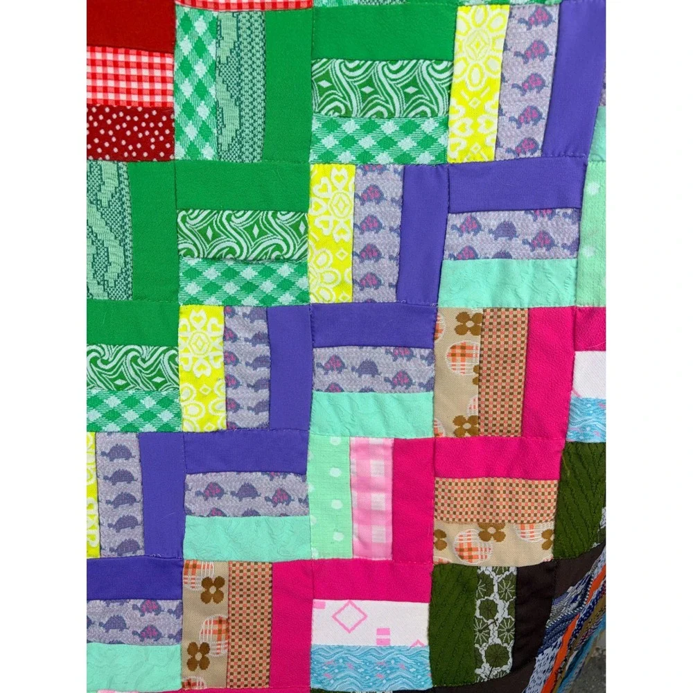 Vintage Handmade Patchwork Quilt Rainbow Polyester Double Knit 70s Retro 68x82